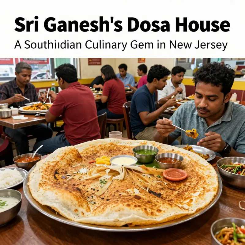 Lively dining scene at Sri Ganesh's Dosa House, highlighting diners and a variety of dosas being served.