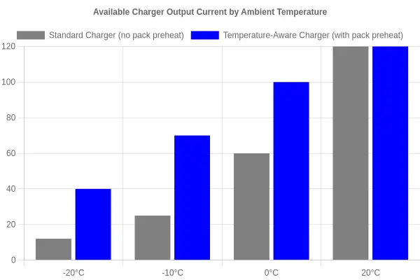 Grouped bar chart titled Available Charger Output Current by Ambient Temperature comparing a standard charger and a temperature-aware charger across -20°C, -10°C, 0°C, and 20°C ambient bands