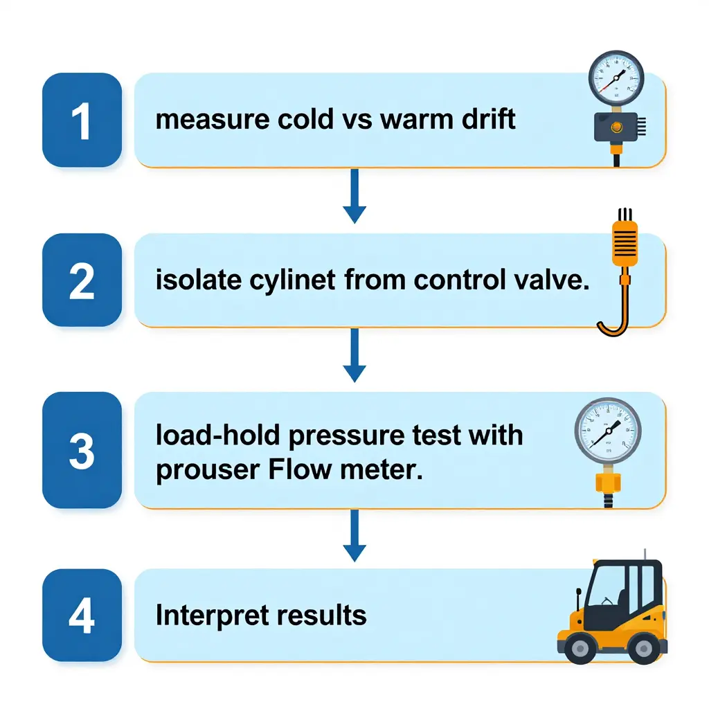 Flowchart of a four-step boom cylinder drift diagnostic procedure: measure cold vs warm drift, isolate cylinder from valve, load-hold pressure test, then interpret results.