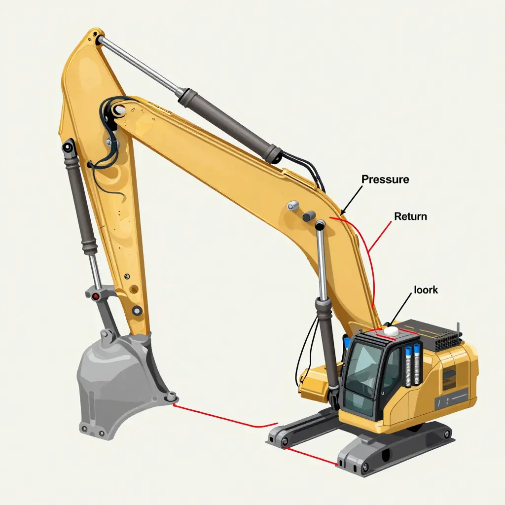 Cutaway diagram of an excavator boom hydraulic cylinder showing the control valve spool, pilot-operated check valves, piston seals, and red arrows marking internal leakage paths under load