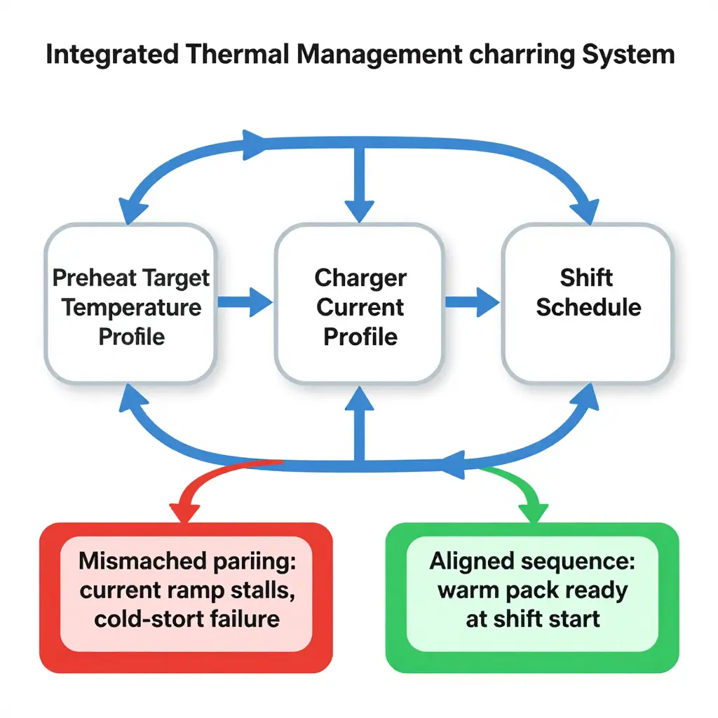 Diagram of an integrated thermal management charging loop coupling preheat target temperature, charger current profile, and shift schedule, with a red mismatched-pairing failure path and a green aligned-sequence success path