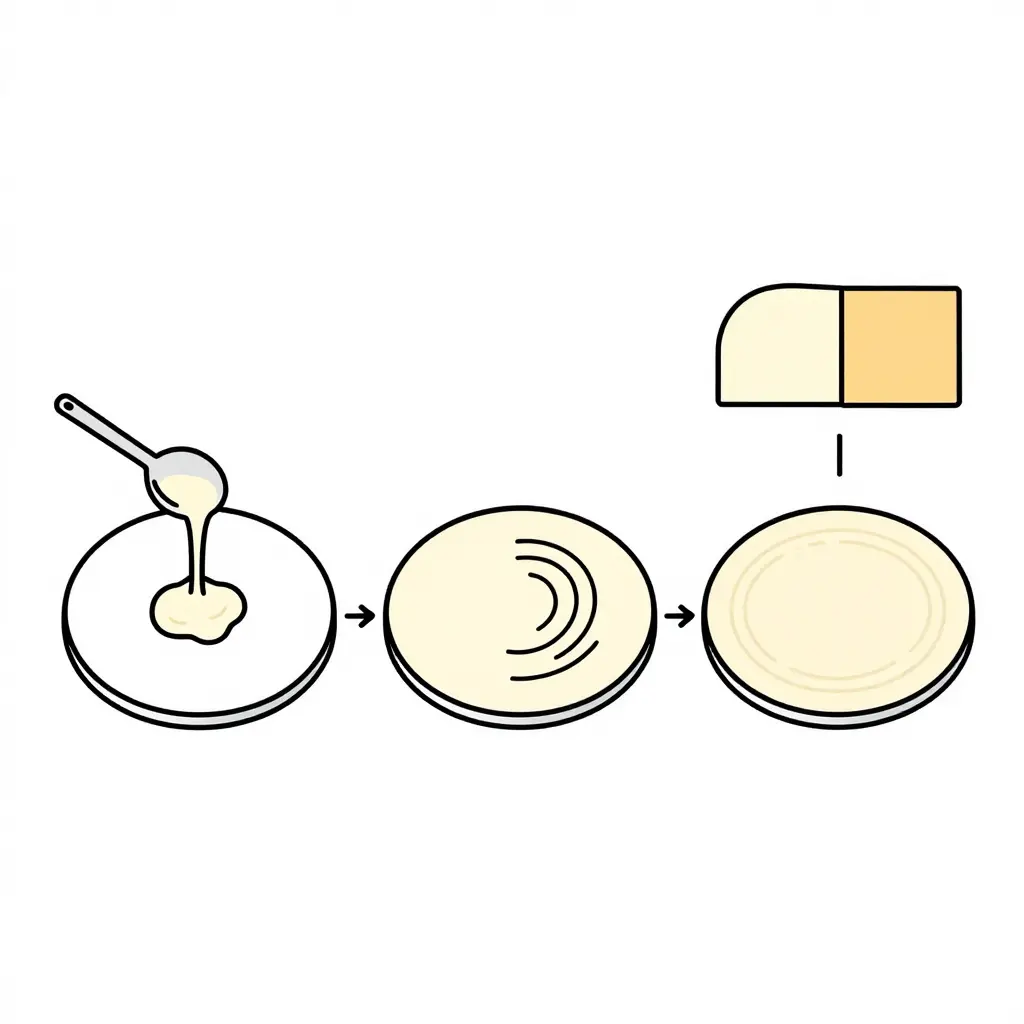 Minimalist 2D line-art diagram showing the dosa batter spreading sequence on a round tawa in three steps, with a side-view inset comparing thin versus thick batter layers