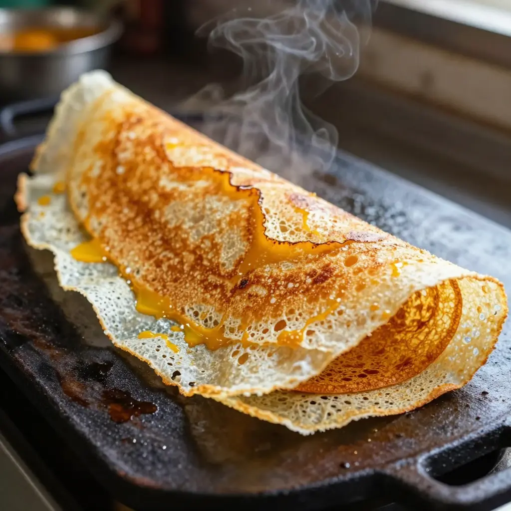 Golden crispy South Indian dosa on a hot cast iron griddle, its lacy edges curled and glistening with melted ghee