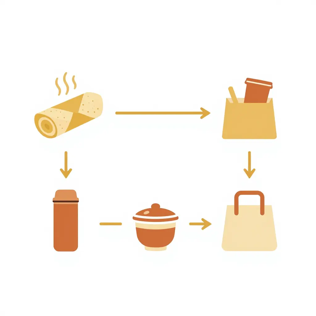 Minimalist flat flow diagram showing the dosa takeout packing sequence: a wrapped and vented dosa, sambar in an insulated container, chutney sealed separately, and everything placed upright in a carry bag