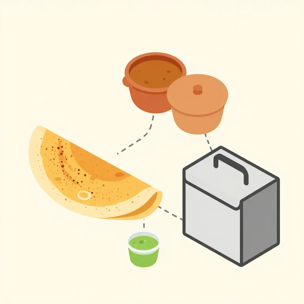 Minimalist 2D schematic showing the anatomy of a takeout dosa order: a folded dosa in parchment, a separate sambar container, a chutney cup, and an insulated bag, each shown as separate flat components with dashed lines indicating how they pack apart for the drive home.