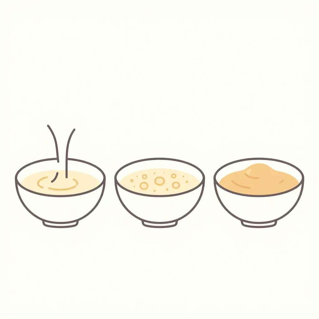 Three side-by-side schematic bowls illustrating dosa batter stages: thin pourable fermenting batter, rested bubbly fermented batter, and a semi-thick resting batter in a bowl