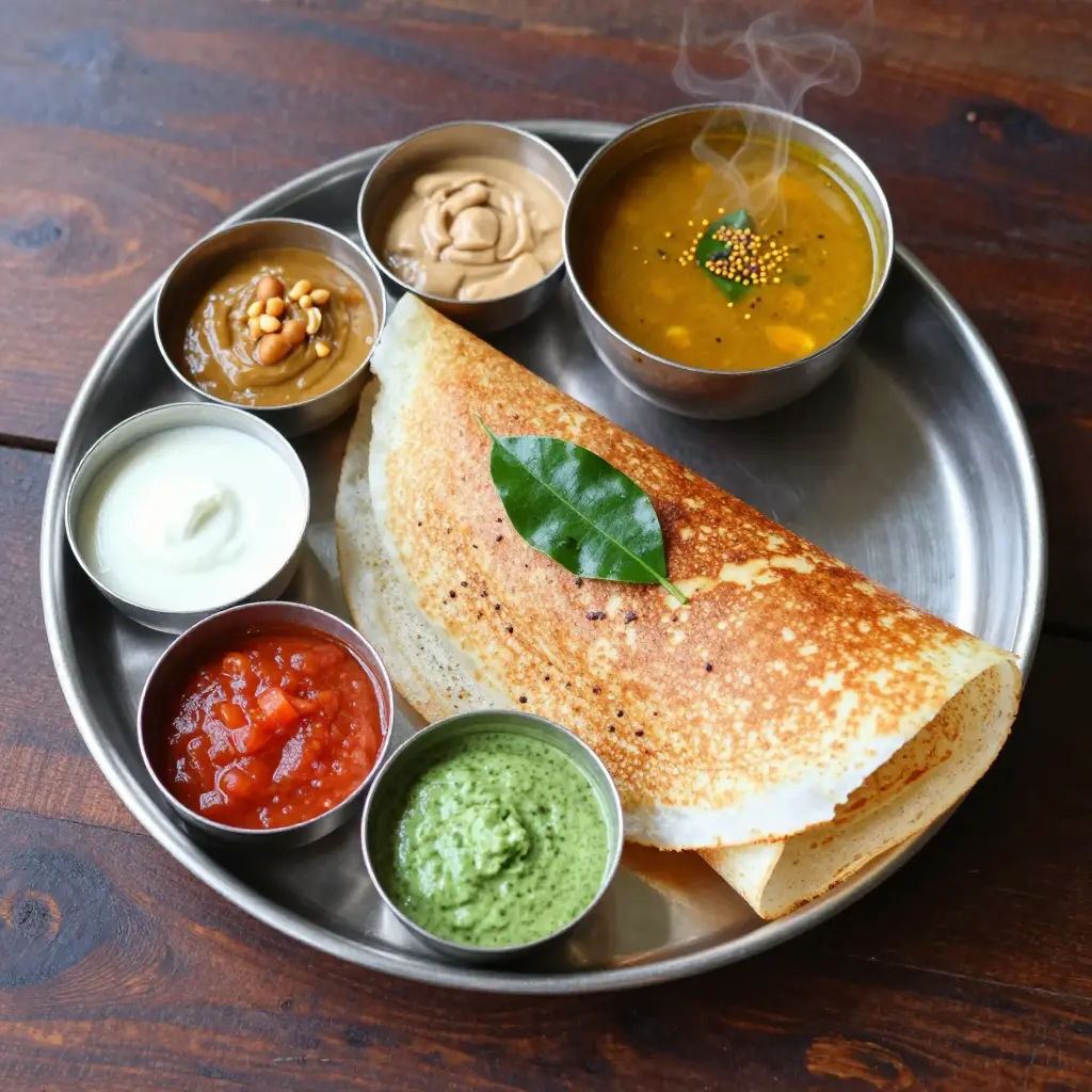 South Indian dosa platter with bowls of coconut, tomato-onion, peanut, and mint-coriander chutney plus sambar