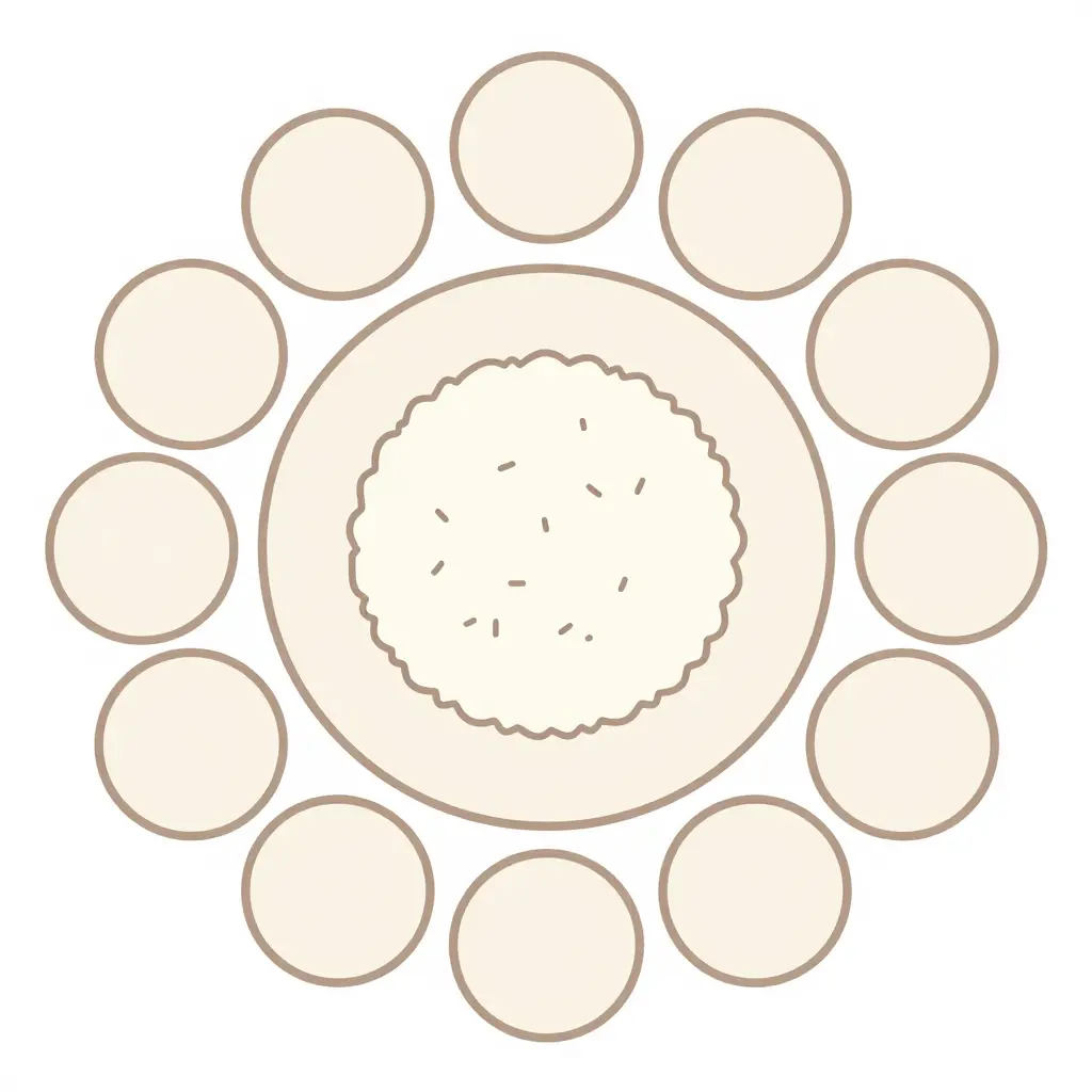Minimalist 2D top-view diagram of a thali platter showing a central rice portion ringed by small round bowls