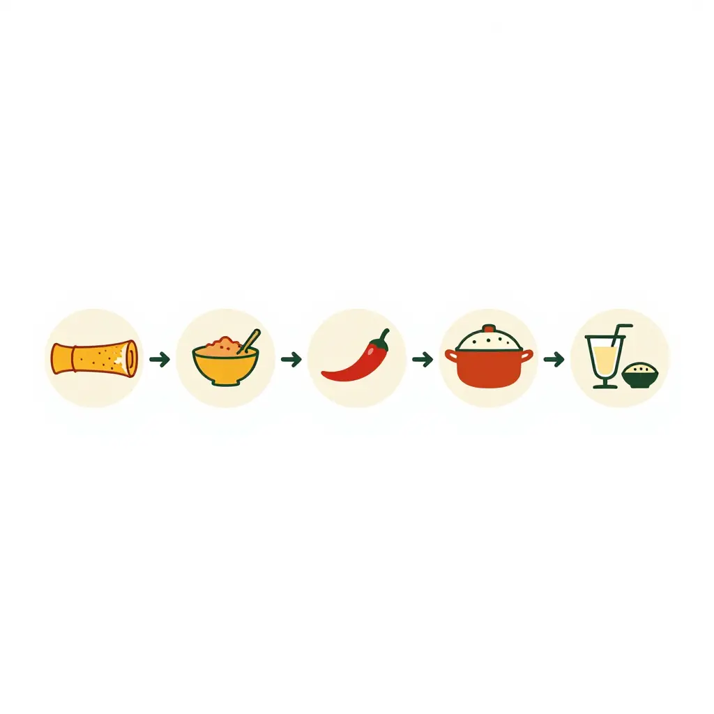 Minimalist flat 2D diagram showing a five-step ordering sequence: dosa base, filling, spice level, biryani to share, and a side with lassi, linked by arrows
