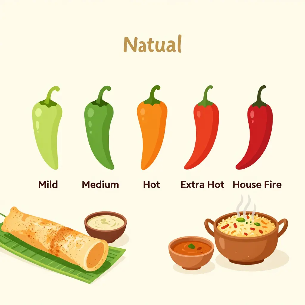 Five-tier chili pepper spice scale from mild to extra hot beside a dosa, a bowl of biryani, chutney and sambar