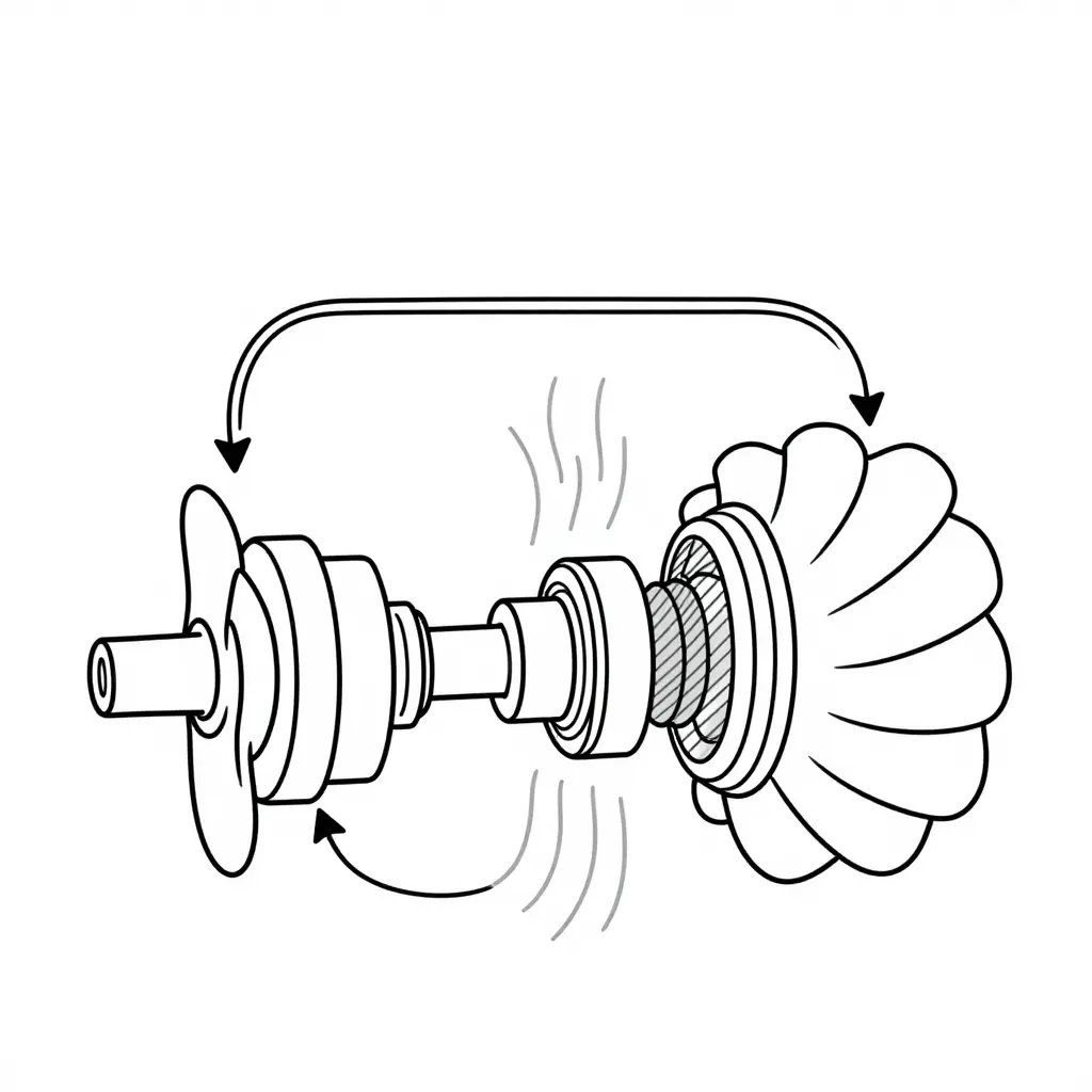 Minimalist 2D line-art cross-section of a torque converter showing impeller, turbine, and stator with arrows for fluid circulation and a highlighted heat-generation zone